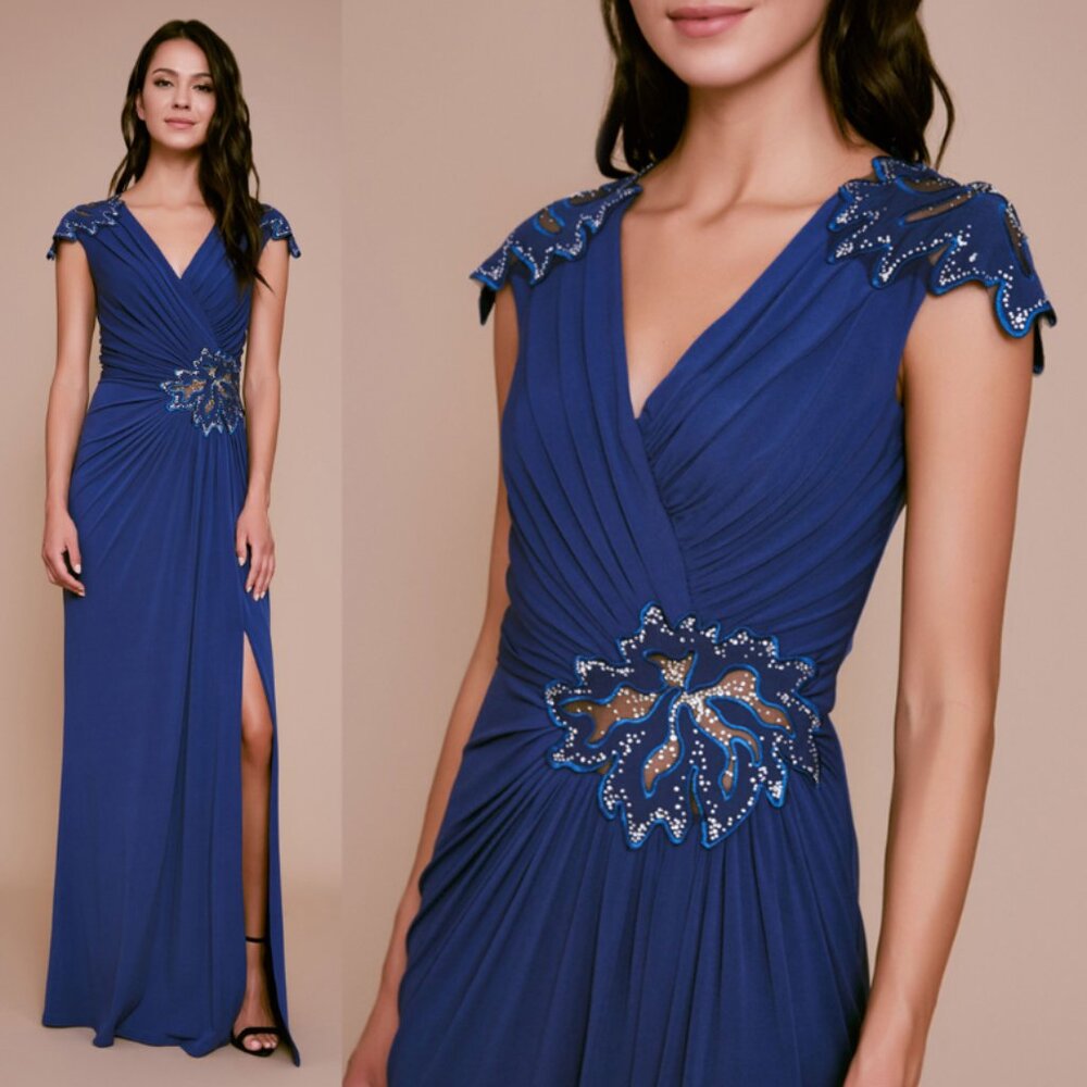 NWT Tadashi Shoji Beaded Long Dress Jersey Gown  Blue Stretch